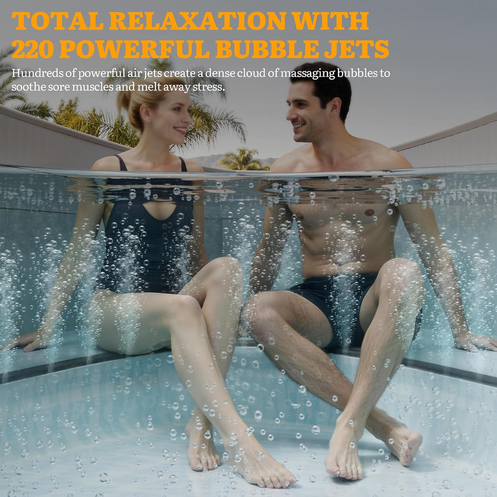 85" Premium Drop-Stitch Inflatable Hot Tub for 8 Person, Rigid Portable Outdoor Spa with 220 Massage Jets, Smart