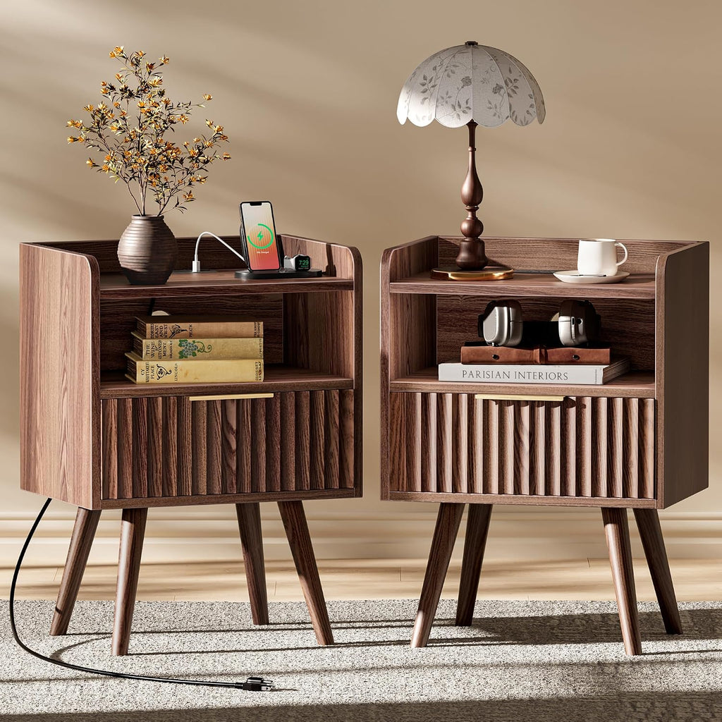 Nightstand with Charging Station, USB-C Port, Fluted Night Stand Set of 2, Bed Side Table with Drawer, Solid Wood