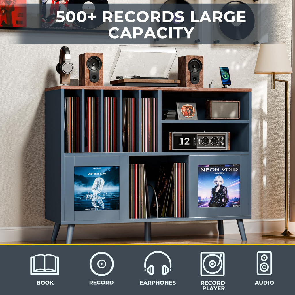 XL Record Player Stand with Sliding Doors, 500+ Vinyl Record Storage Cabinet