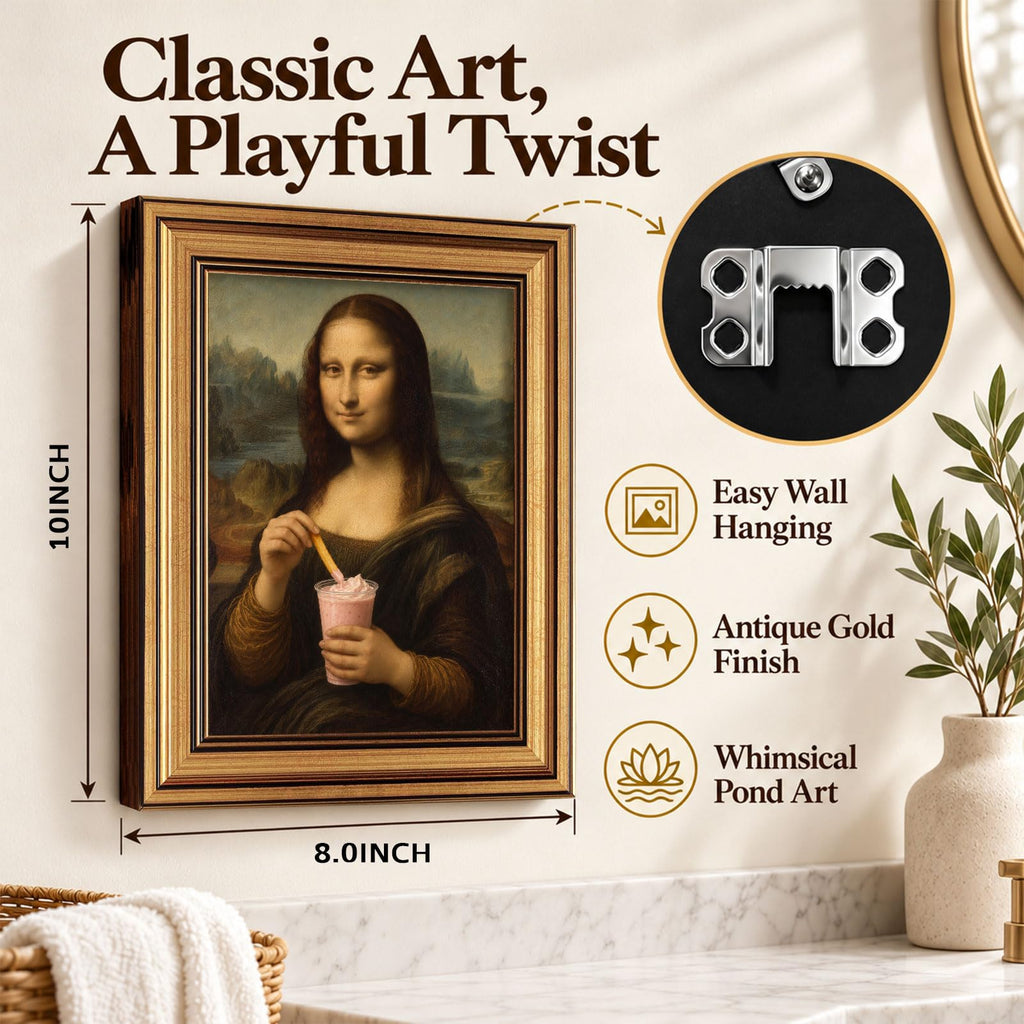 Funny Mona Lisa Wall Art with Pink Milkshake Vintage Gold Frame