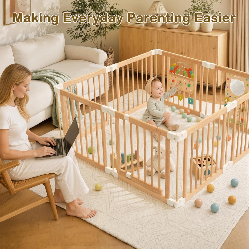 Wooden Baby Playpen with Montessori Toys, 8-Panel Large Foldable Play Yard | Adjustable Baby Fence for Babies and
