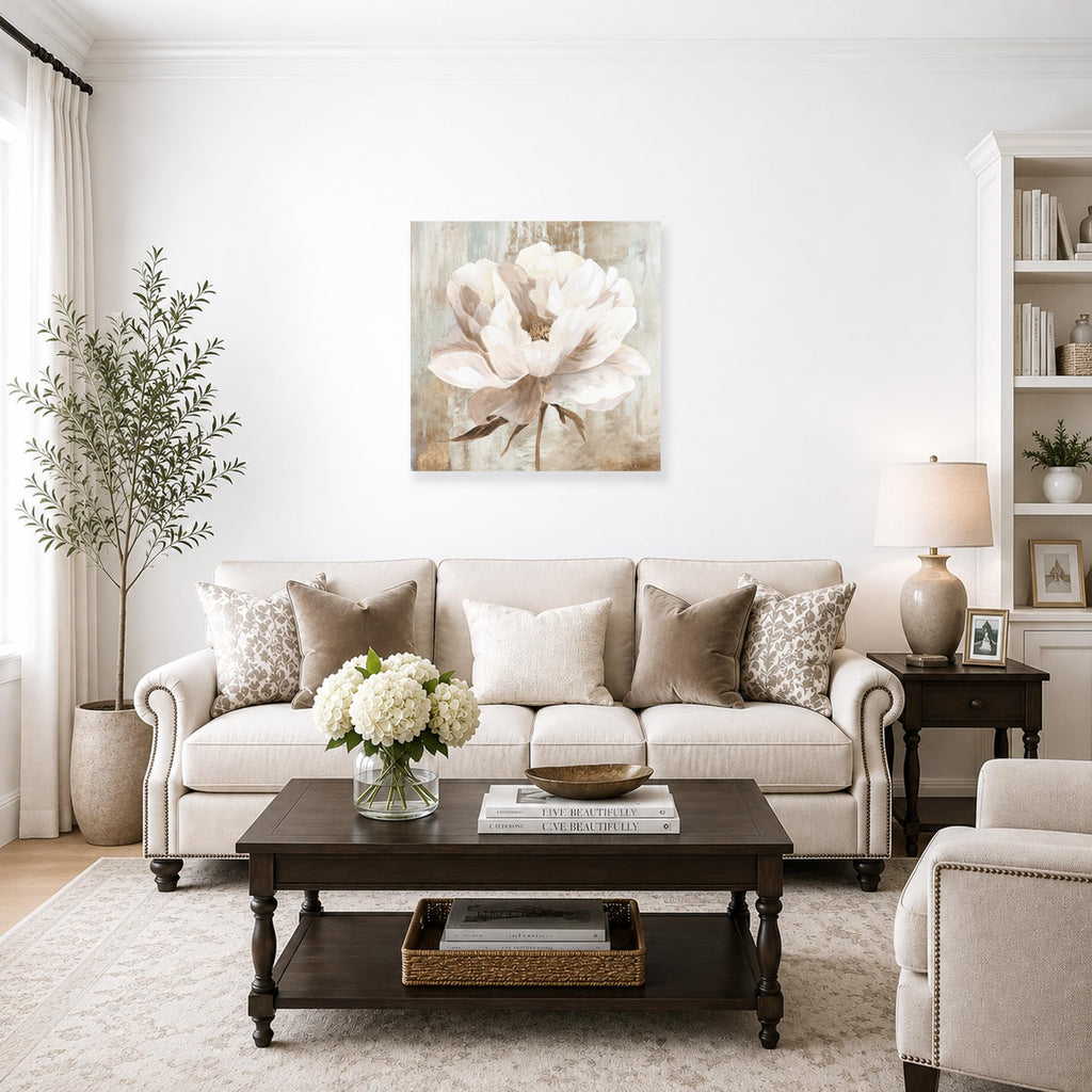 Beige Floral Canvas Wall Art Cream White Peony Flower Pictures Modern Botanic Blooming Canvas Print Living room Above