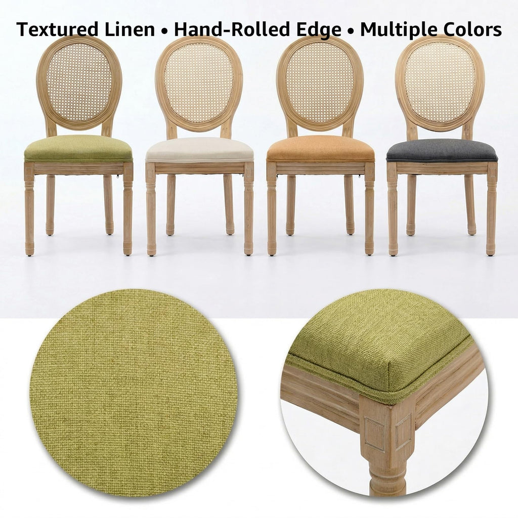 Vintage French Country Dining Chairs Set of 4, Farmhouse Rattan Dining Room Chairs with Round Back, Linen Upholstered