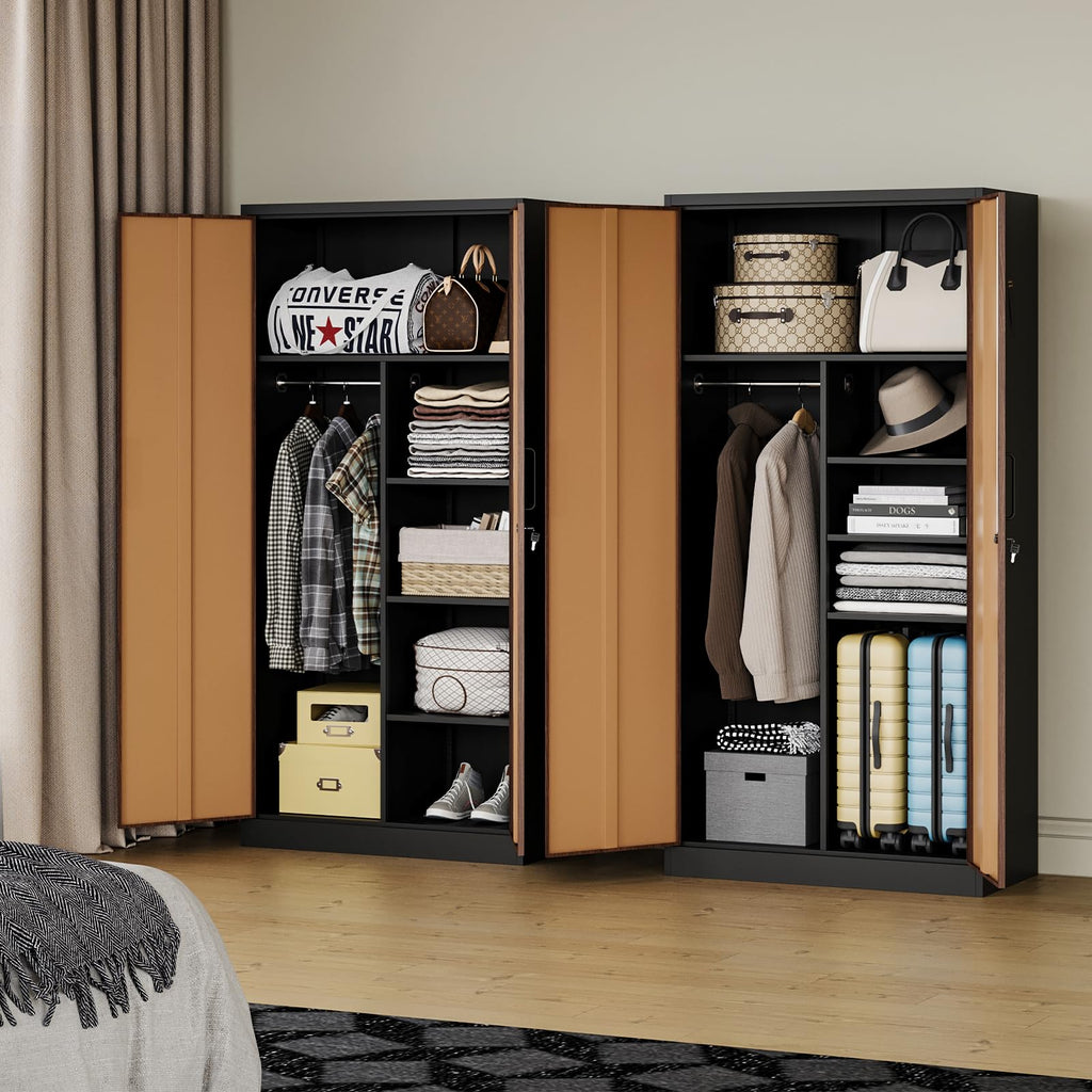 Metal Wardrobe Cabinet with Locking Doors, Metal Storage Armoire Closet for Clothing, 2 Door Woodgrain Locker Cabinet