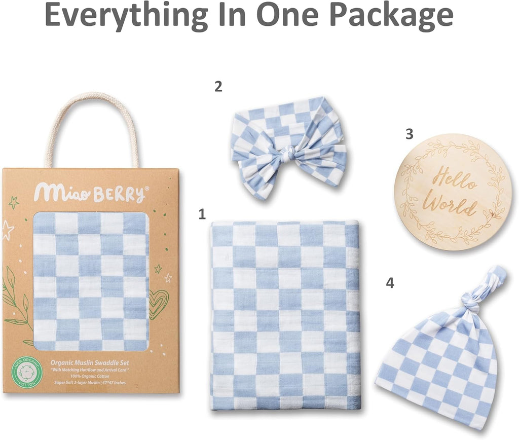 Checkered Muslin Swaddle Set, 100% Organic Cotton, Mist Blue,Checkerboard, Gender-Neutral, with Matching Bow, hat
