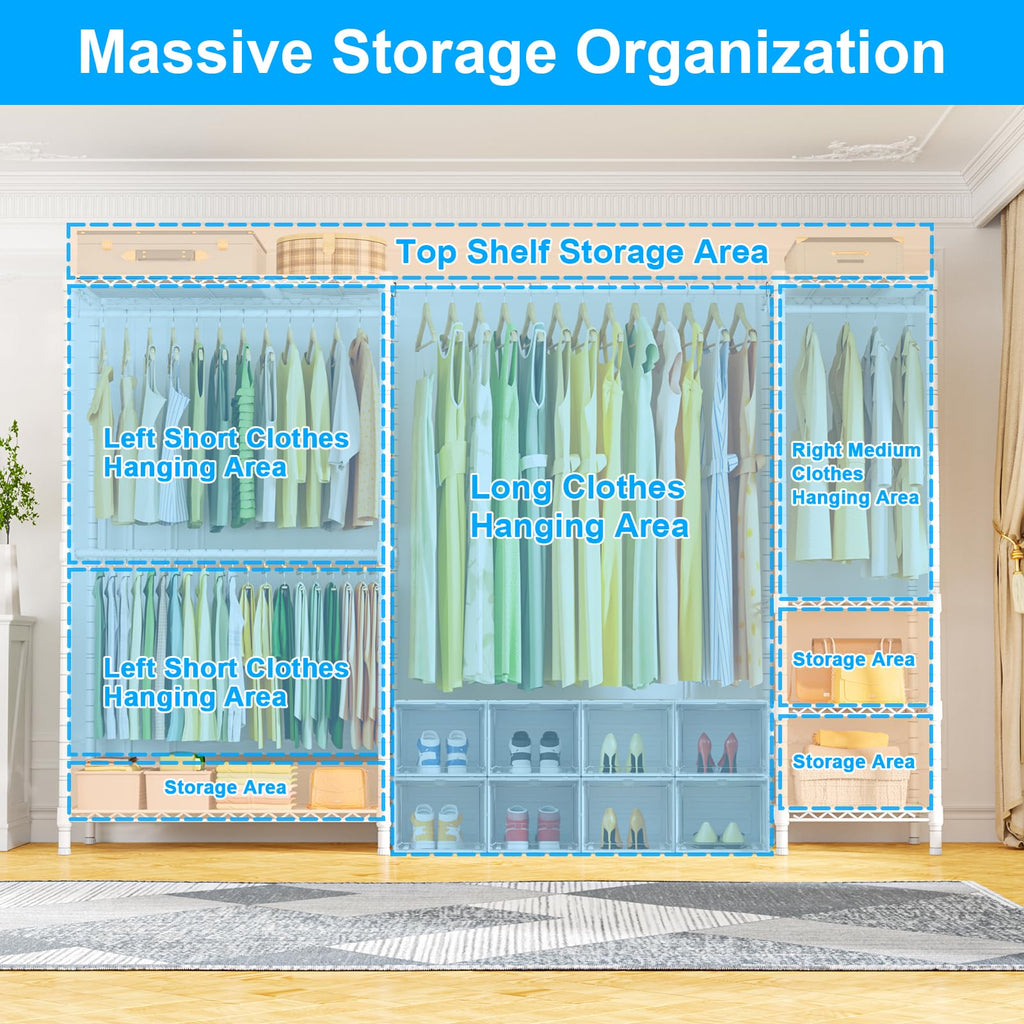 E10 Clothes Rack(With Stretchable Hanger Rod)Freestanding Clothing Racks for Hanging Clothes, Adjustable Closet