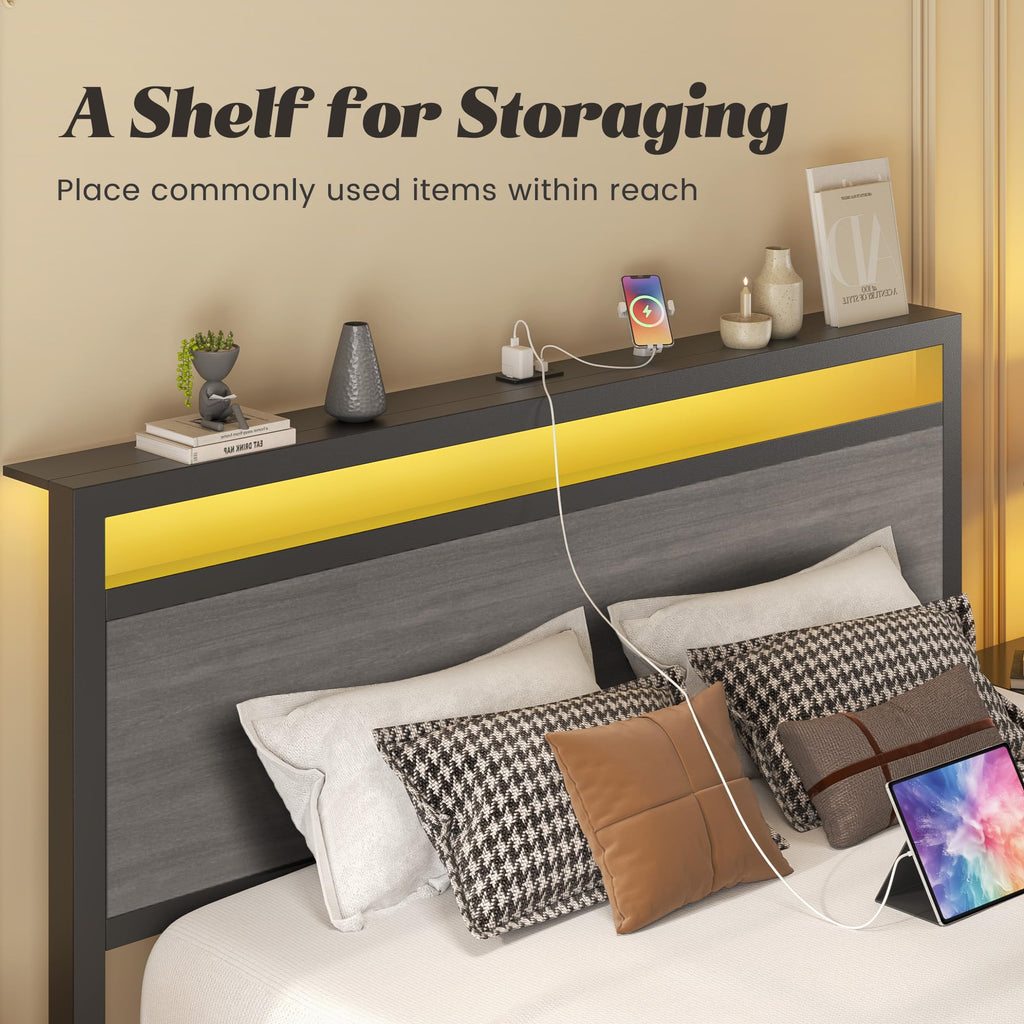 Bed Frame with Headboard & Footboard, Bed Frame with Built-in Charging Station & LED Light, Storage Shelf