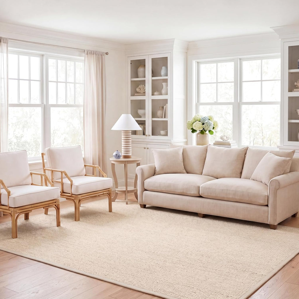Area Rug 9x12 - Natural Fiber - Large - Light Grey, Sisal & Wool, Woven Design with Border