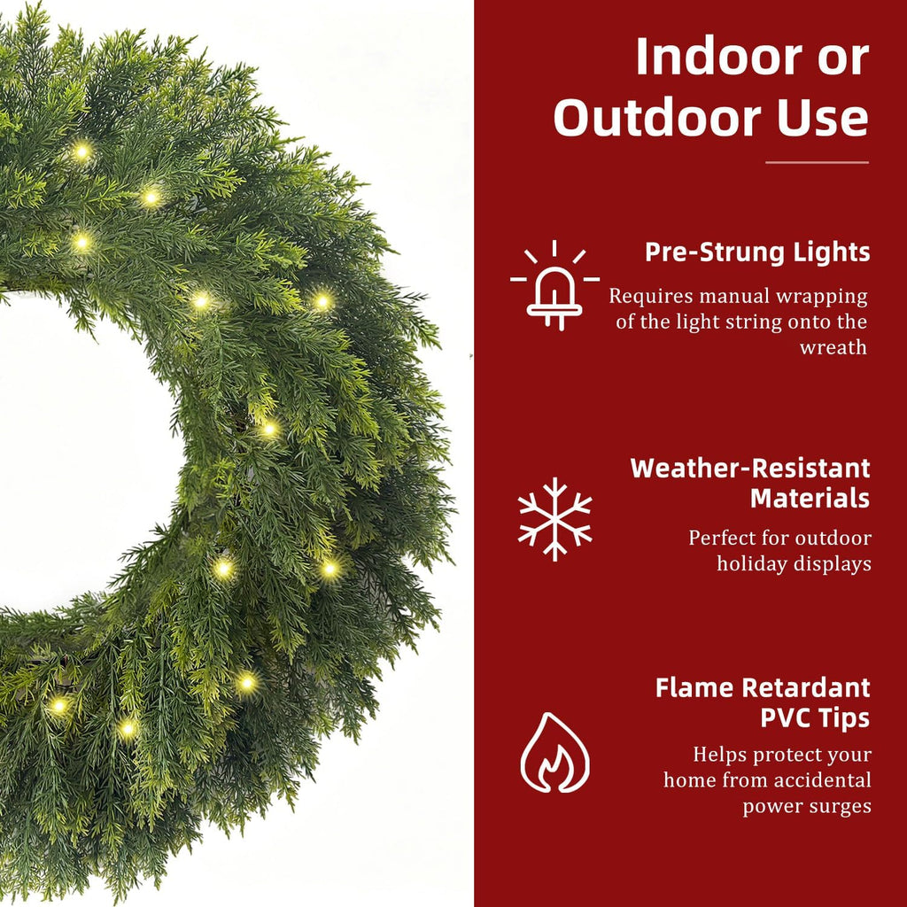 26 Inch Lighted Real Touch Christmas Cedar Wreath for Front Door | Artificial Greenery Foldable Wreath with Lights