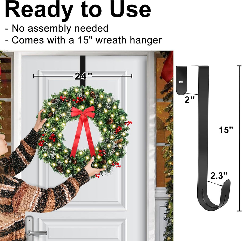 24in Prelit Christmas Wreath for Front Door Christmas Decorations- Timer 8 Light Modes- Battery Operated Lighted