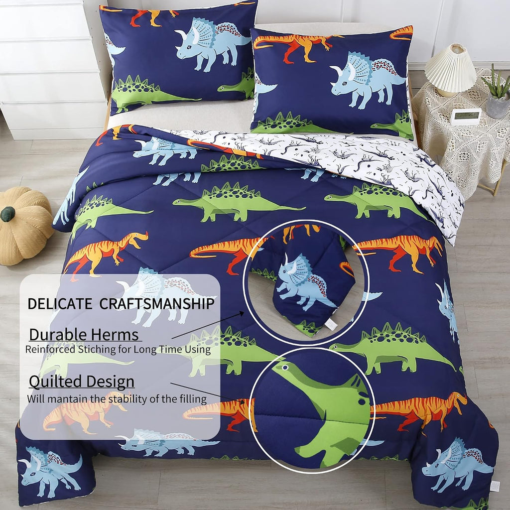Cartoon Dinosaur Comforter Set, Dark Blue Dinosaur Kids Bedding Set for Boys, Dinosaurs Print Comforter Sets for