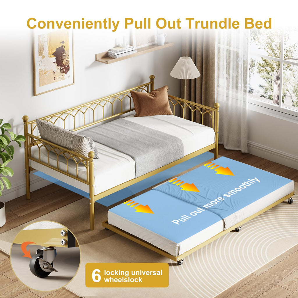 Twin Gold Daybed with Trundle with Charging Station, Led Light