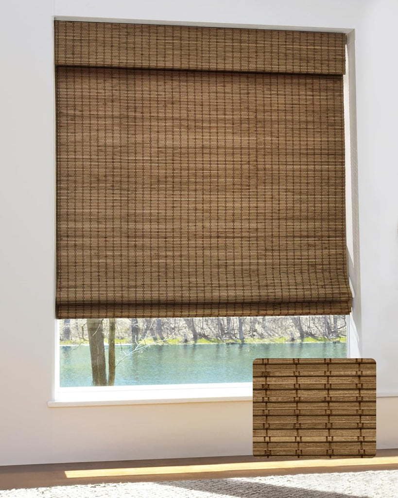 Cordless Bamboo Roman Shades, 35×64 in, Highfield Teak | Wide Bamboo Strip Weaving Technique, High light-blocking