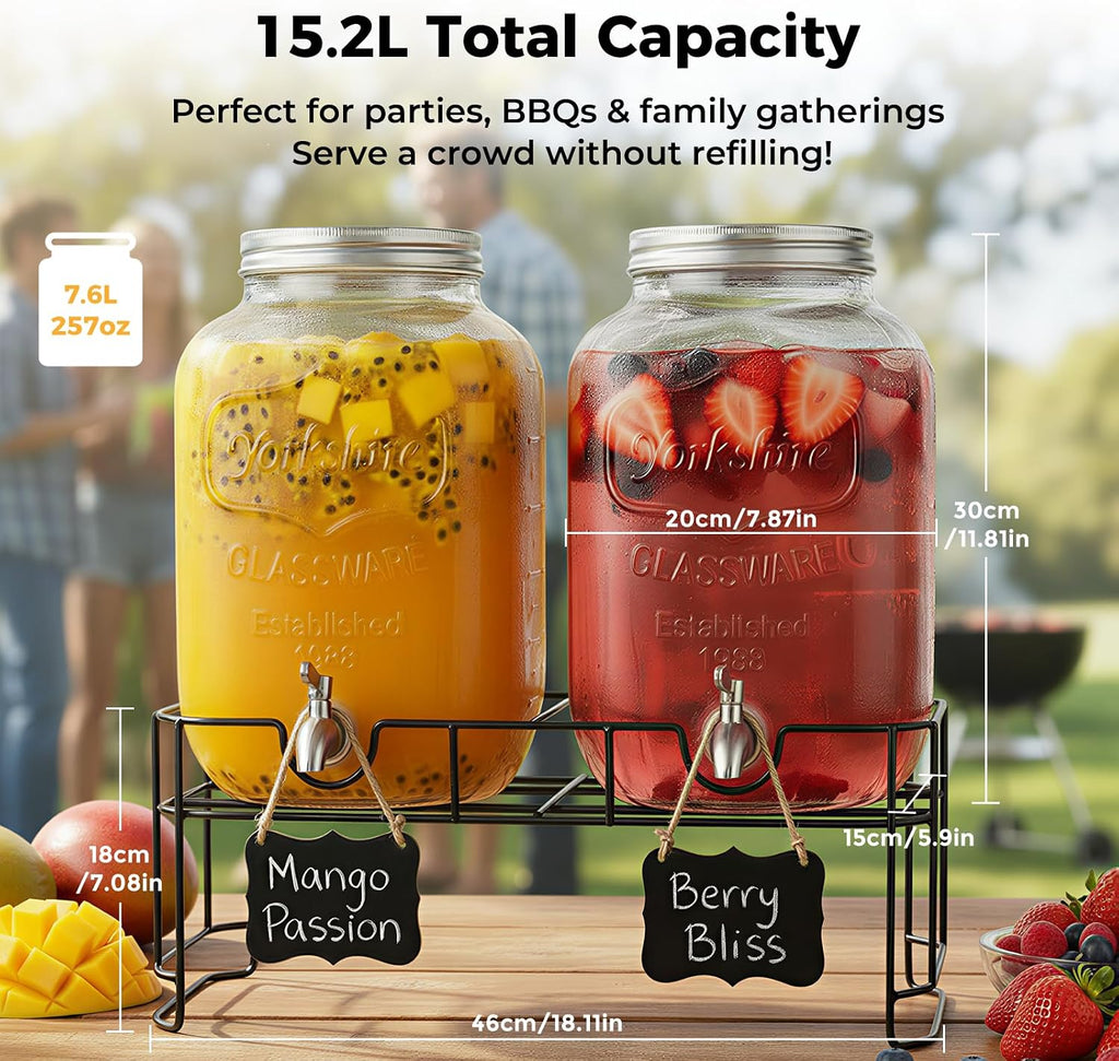 Gallon Glass Drinks For Parties With Stand.Stainless Steel Spigots & Metal Stand,Large Capacity Beverage Dispenser - Set of 2