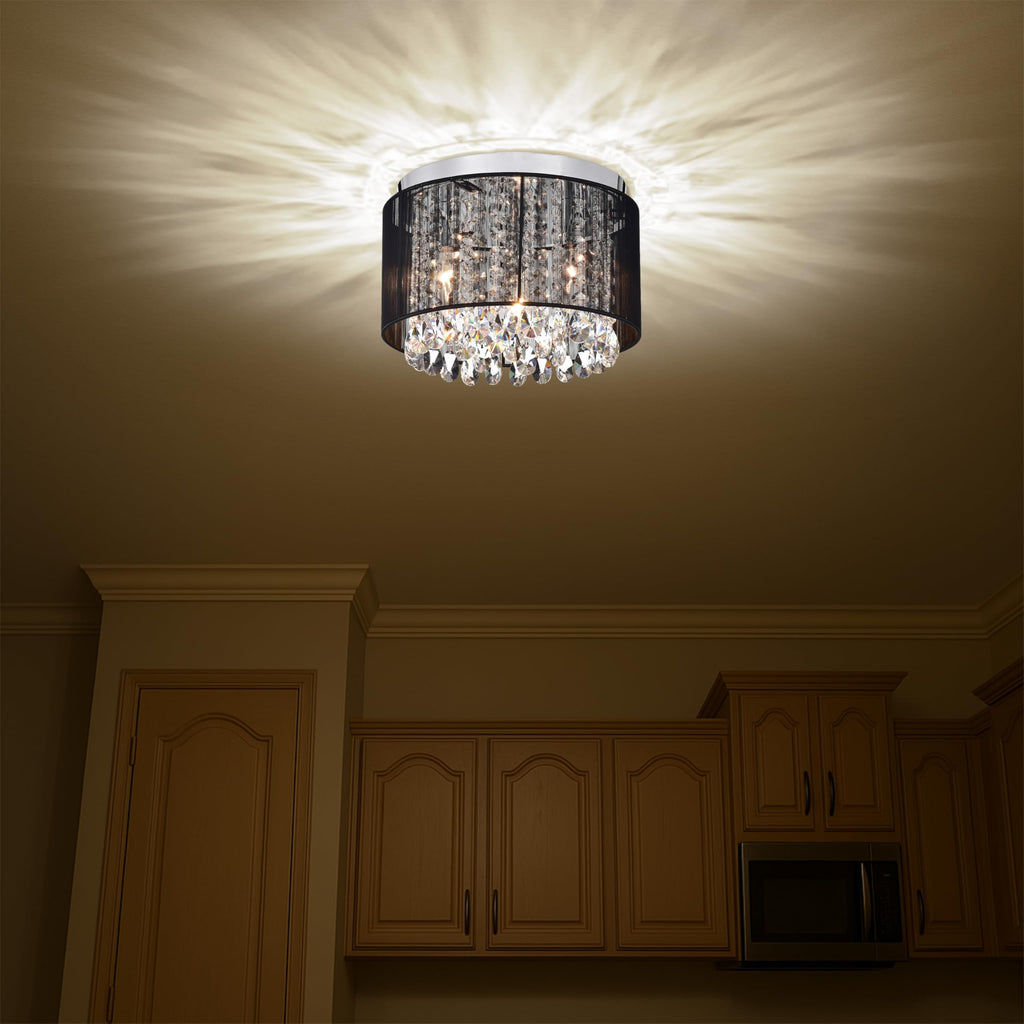 Black Mini Crystal Flush Mount Ceiling Light - 3-Light Drum Chandelier, or Living Room, Small Modern Lighting