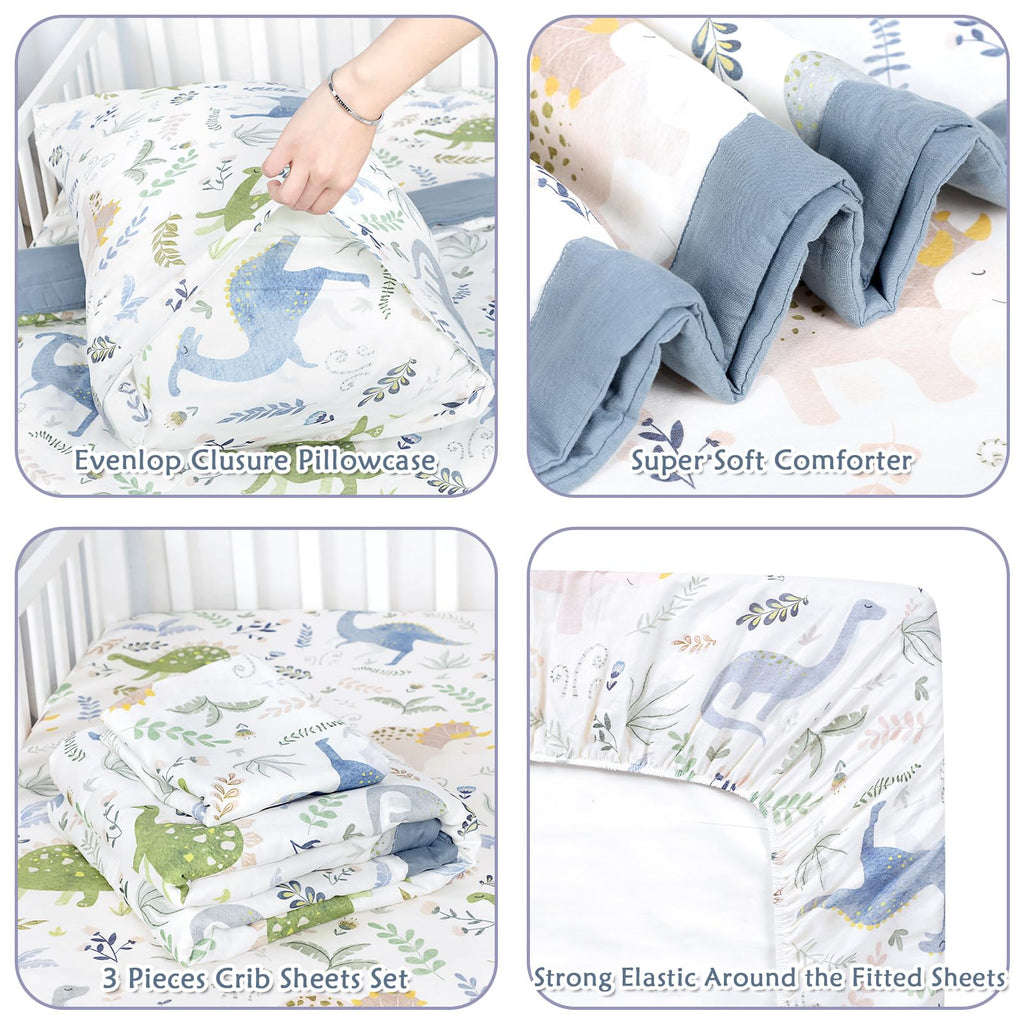 Muslin Toddler Bedding Set 3-Piece - Soft Breathable Crib Bedding with Fitted Sheet, Quilt & Pillowcase for Infant &