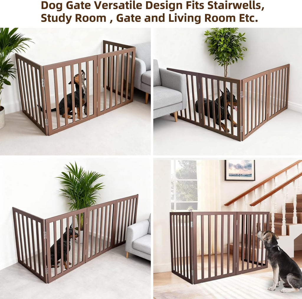 Freestanding Indoor Dog Gate Foldable Wood Brown Puppy Gate for Doorways Pet Gate for Stairs Extra Wide Pet Fence 24"