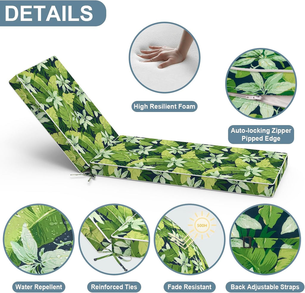 Outdoor Chaise Lounge Cushion with Non-Slip Mat, 72 x 21 x 3 Inch Patio Water-Repellent Lounge Chair Seat Cushions