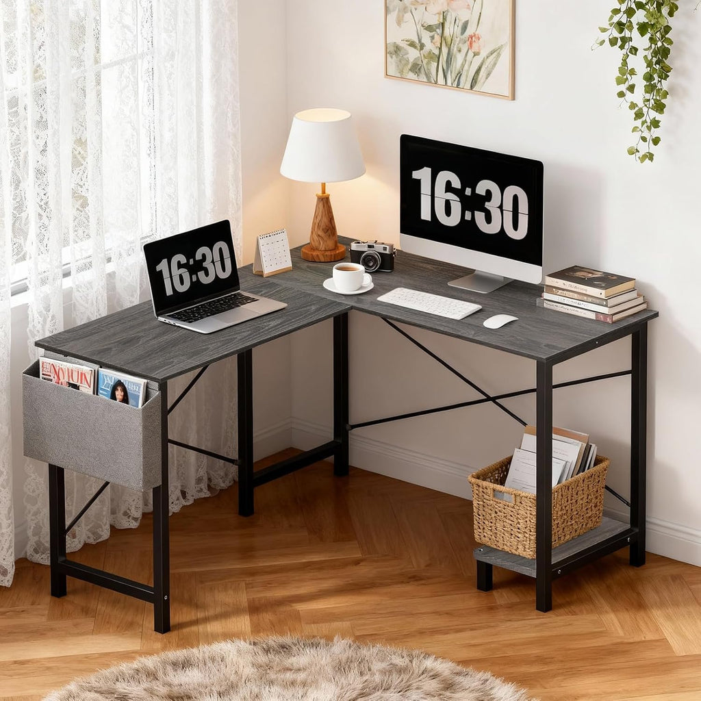 L Shaped Desk, Gaming Desk, Corner Table 50 Inch | Side Bag, Reversible Shelf, Home Work Study Writing, PC