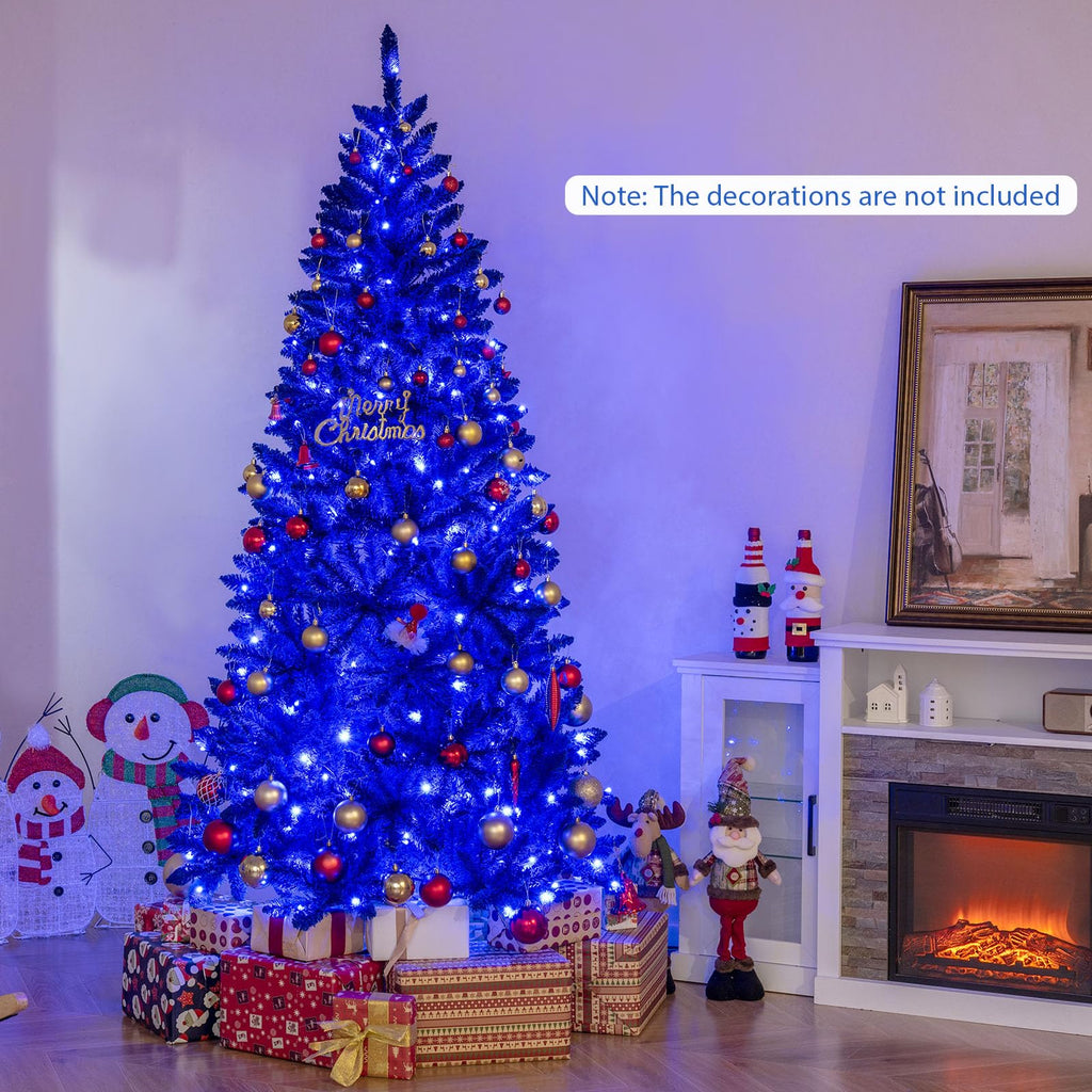 7 FT Pre-Lit Royal Blue Snow Flocked Christmas Tree, Artificial Hinged Xmas Tree with 340 LED Lights, 900 Branch