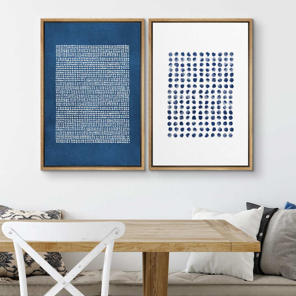 Framed Canvas Print Wall Art Set Navy Blue White Geometric Dot Collage Abstract Shape Illustration Modern Art
