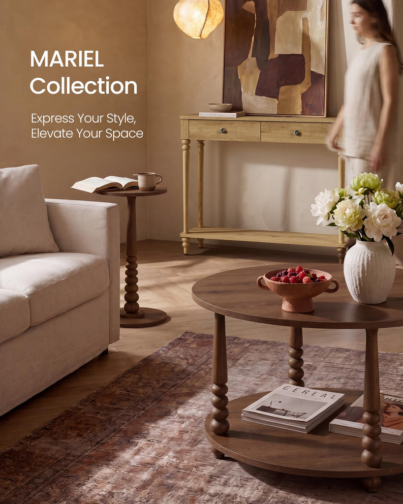 2-Tier Round Coffee Table with Storage, Solid Wood Legs