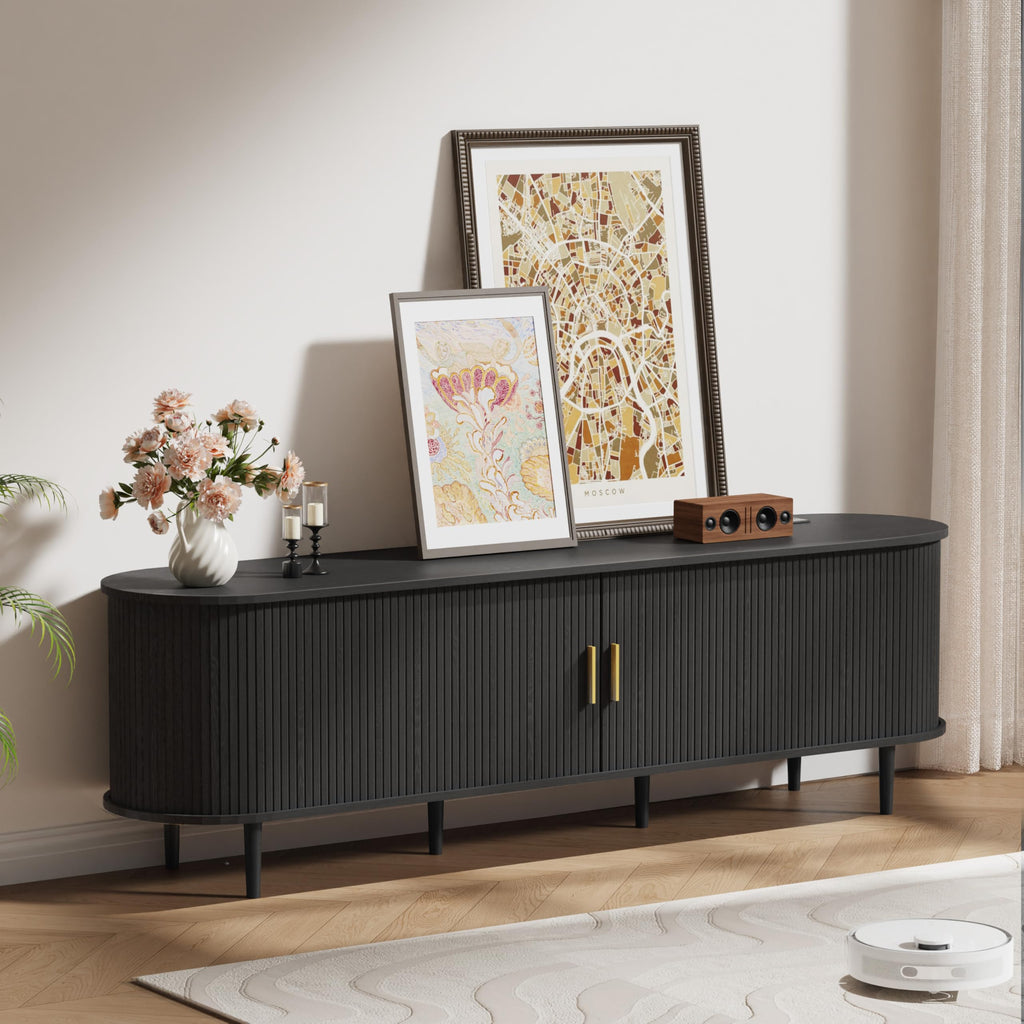 70.8 Inch Mid Century Modern TV Stand with Power Outlet for TVs up to 80 Inch, Entertainment Center with Storage and