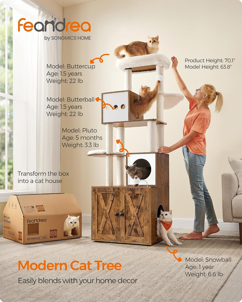 Cat Tree with Litter Box Enclosure, 70.1-Inch Tall Cat Tower