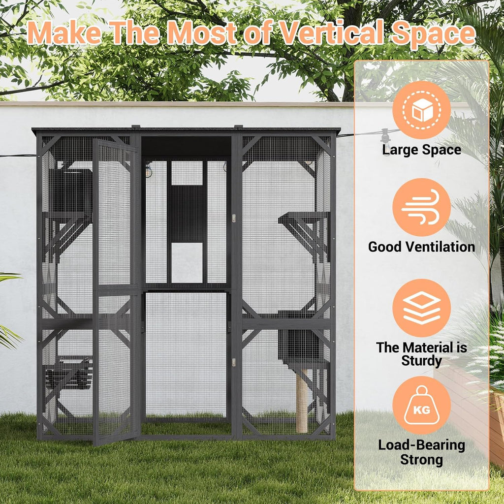 70'' Outdoor Cat Enclosure, Walk-in Catio with 4 Jumping Platforms & 2 Napping Houses, Swing Hammock, Cat House Indoor