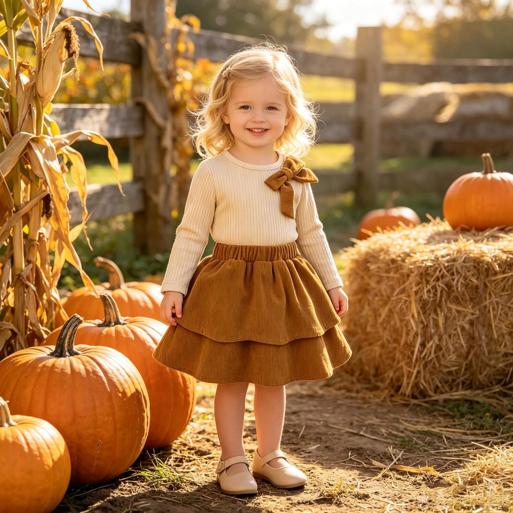 Toddler Girl Outfits Fall Winter Knit Bow Tops Cute Skirt Set