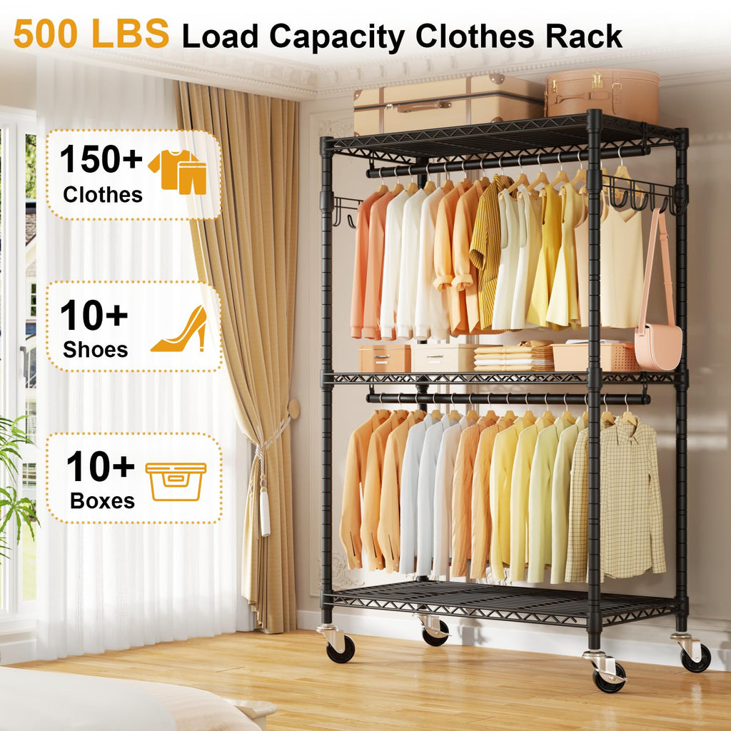 P1 Rolling Clothes Rack, Portable Wardrobe Closet Holds 500lbs