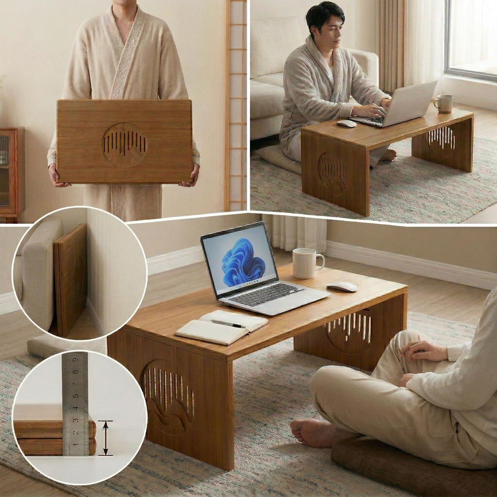 Japanese Floor Table, Bamboo Low Desk for Tea Meditation, Foldable No Assembly (Table (80cm))