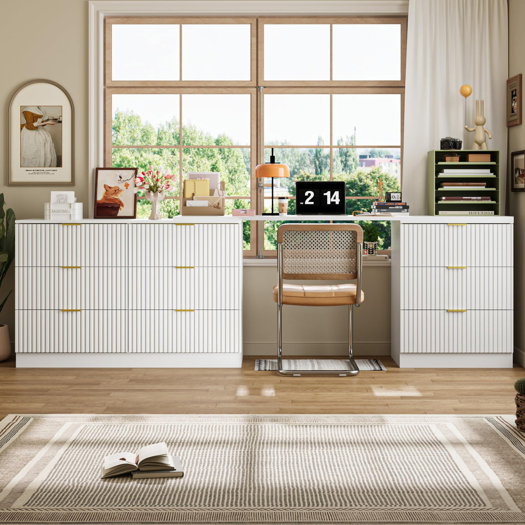 L-Shaped Rotatable 9 Drawer, 71" Wide Deformable White with Gold Metal Handles, Modern Fluted Chest of Drawers