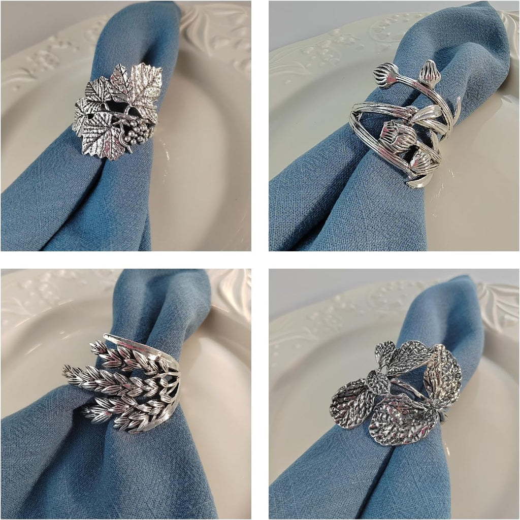 Elegant Vintage Silver Herb Napkin Rings - Glossy Leaf Napkin Holders, Metal Table Adornment for Christmas - Set of 12