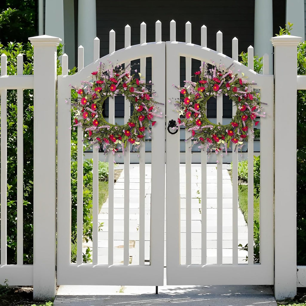 24 Inch Artificial Spring Summer Wreath for Front Door, Colorful Floral Wreath with Red Daisies Lavender