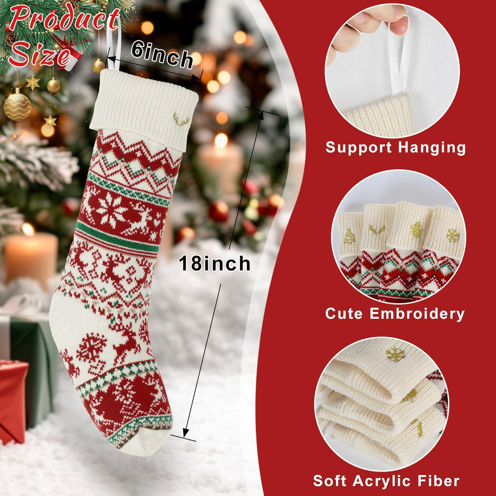 Knit Christmas Stockings with Patterns Reindeer, Tree, Snowflake, Snowman-4 Pack 18 Inch Large Knit Stockings - Set of 4