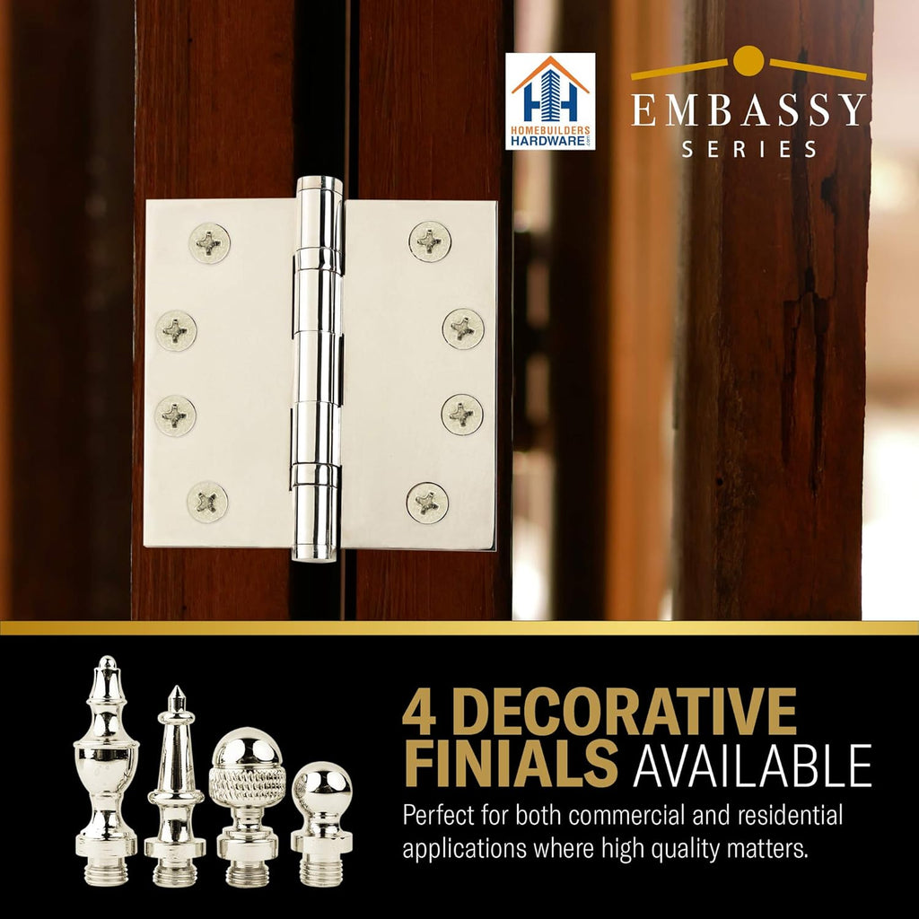 Door Hinge Solid Brass - 3.5 x 3.5 Inch, Heavy Duty, Polished Nickel, Ball Bearings, Rust Resistant Pin