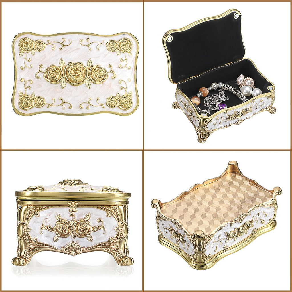 Metal Jewelry Box with Rose Pattern - Vintage Gold Trinket Organizer