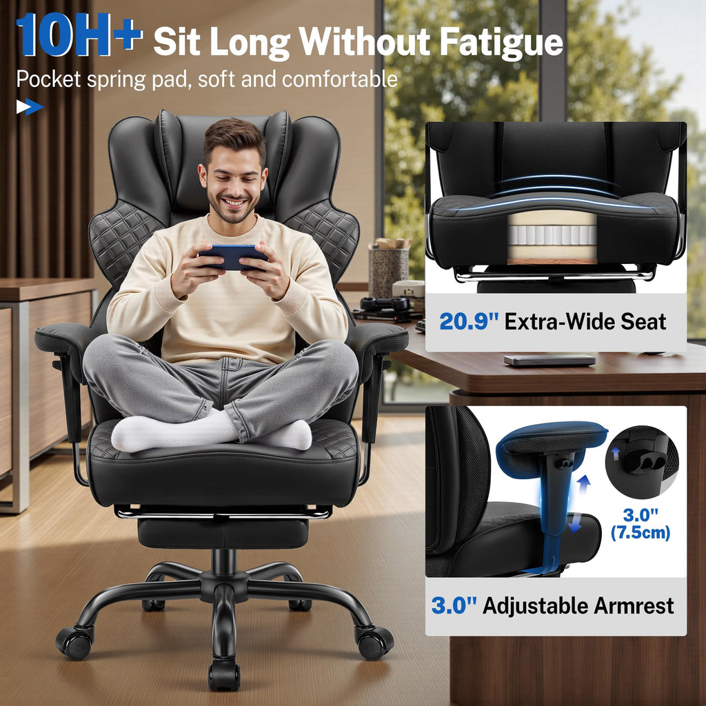 Big and Tall Office Chair 500lbs - Ergonomic Desk Chair with Footrest, Scratch-Resistant PU Leather Computer Chair
