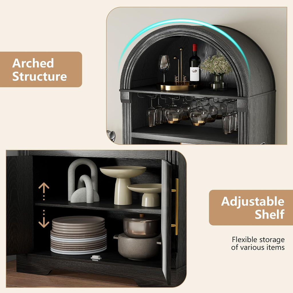 71" Arched Fluted Wine Bar Cabinet with LED Light and Wine Rack (Black) | Coffee Bar Cabinet Liquor Cabinet Motion