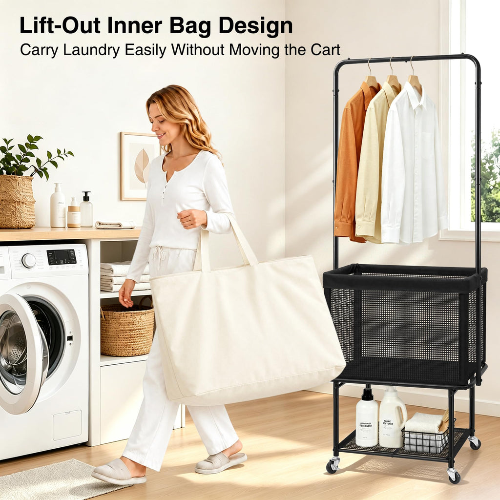 Rolling Laundry Cart with Hanging Bar, Laundry Hamper with Wheels