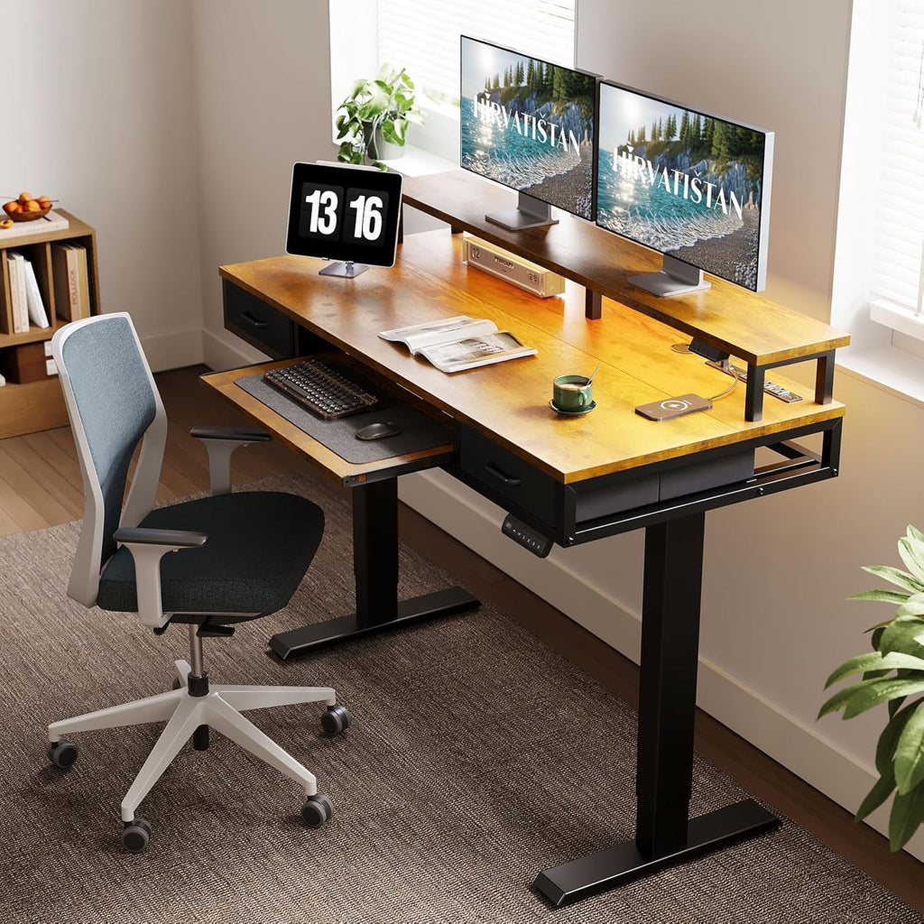 55 Inch Standing Desk with Drawers & Keyboard Tray, Rustic Brown | Power Outlet, LED Lights, Monitor Stand, Cable