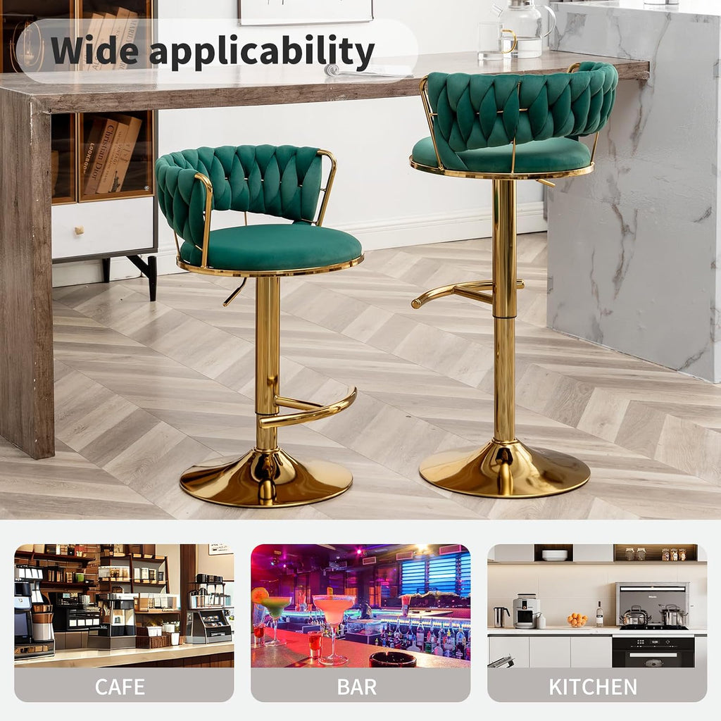 Gold Bar Stools Set of 4, Counter Height Bar Stools with Low Back, Velvet Adjustable Height Barstools, 360° Swivel