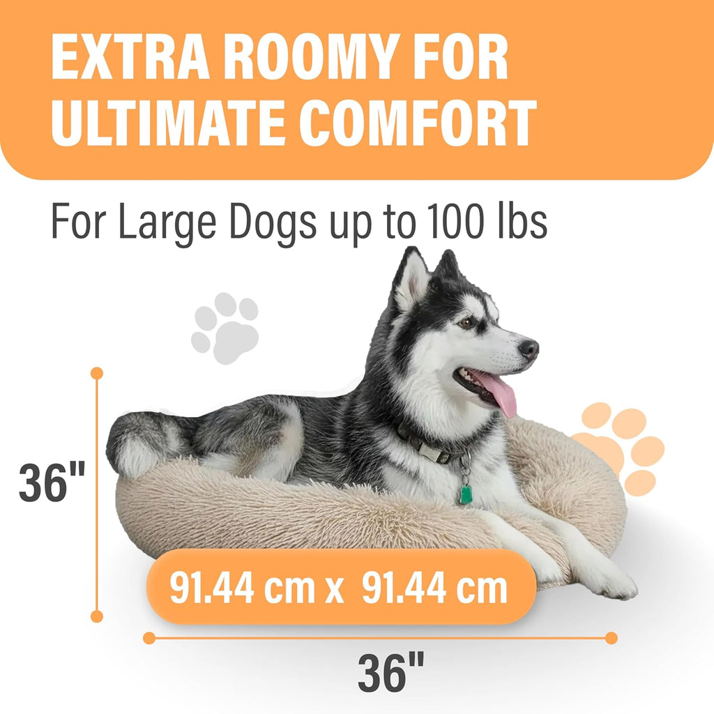 Premium Large Donut Dog Bed, Fits Up to 100 lbs, Machine Washable Cushion, Plush Long Pile Faux Fur Fabric, Portable