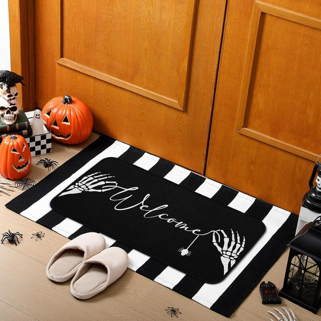 2 Pcs Summer Halloween Door Mats Outdoor Gothic Skull Welcome Front Doormat Linen Rubber Layered Black White Striped
