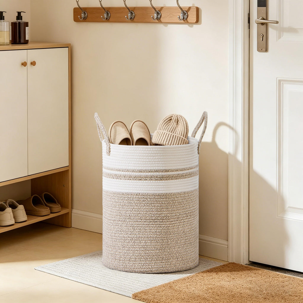 53L Tall Cotton Rope Laundry Basket with Handles, White & Brown