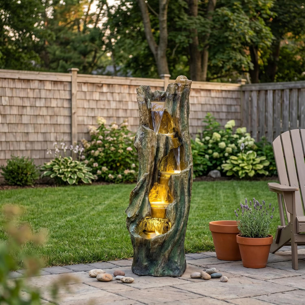 Rustic Tree Stump Fountain with LED Light, Resin Outdoor Garden Decor | Tall resin tree stump fountain with cascading