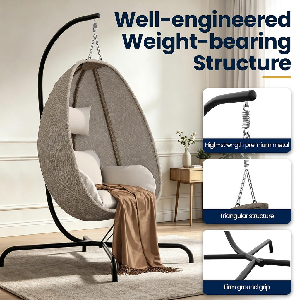 Outdoor Hanging Textilene Egg Chair with Stand,Foldable Patio Wicker Hammock Chair with UV Resistant