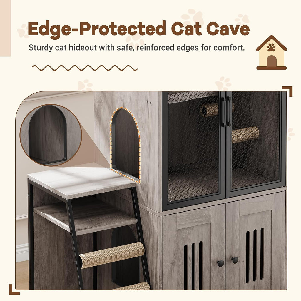 Double Cat Litter Box Enclosure Furniture with Doors - Hidden Storage, Ladder, Hammock, Metal Mesh - Multifunctional