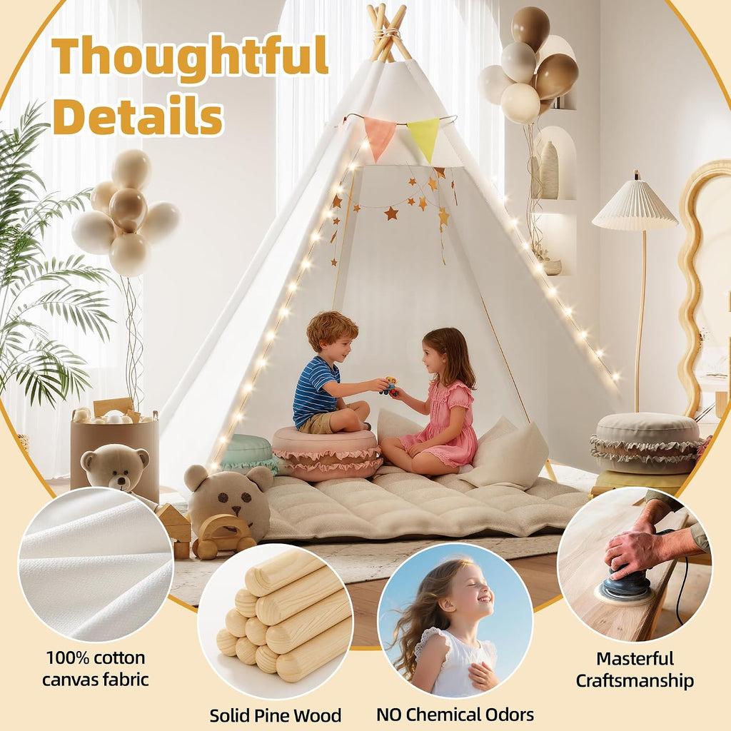 7' Large Teepee Tent for Adults, Play Tent with Carry Bag, 5 Sides Canvas Kids Teepee Tent Indoor & Outdoor Tents